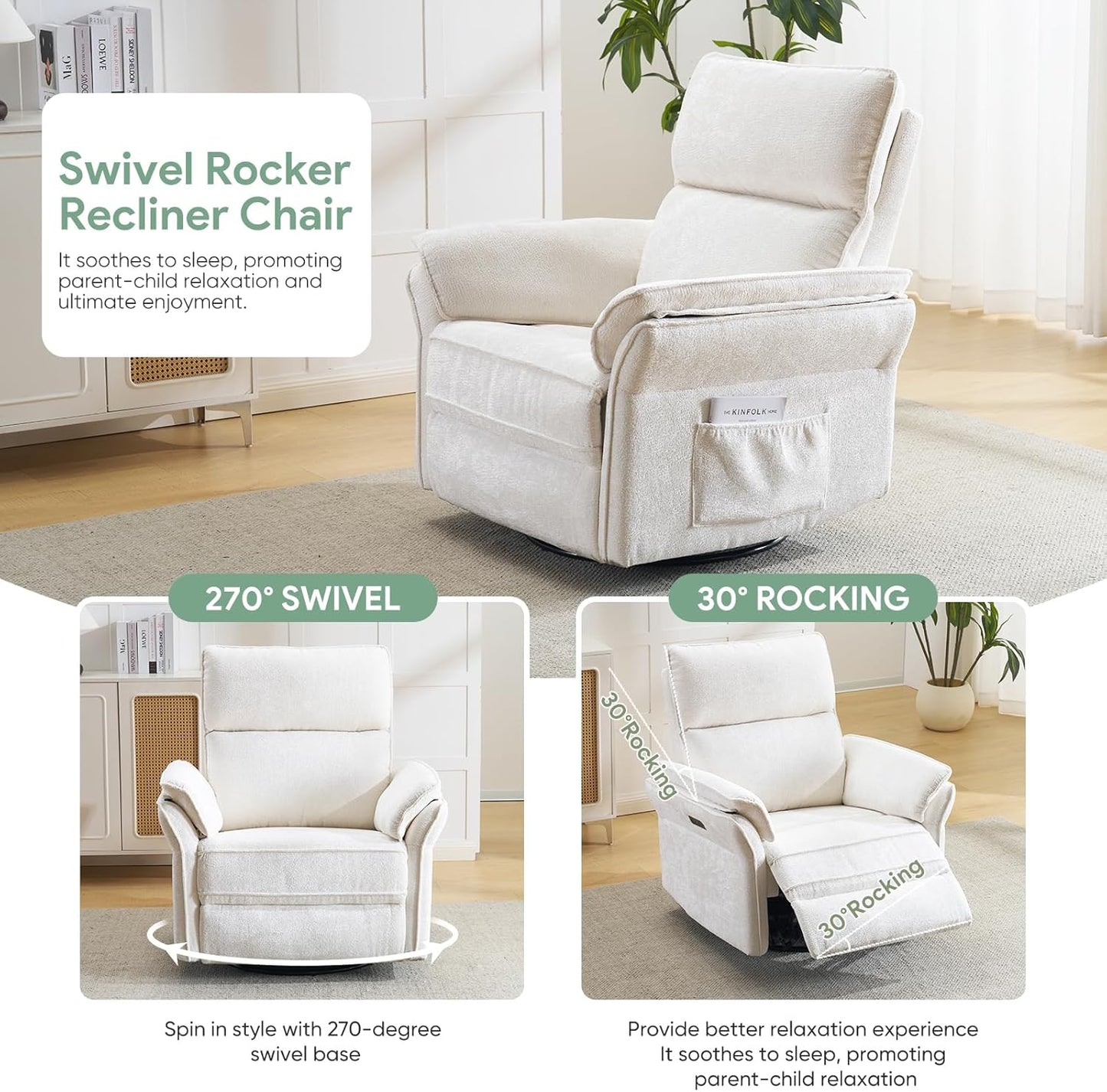 Oversized Swivel Rocker Recliner with Adjustable Headrest, Rocking Chair Nursery with Overstuffed Armrest, Manual Rocker Recliner Nursery Chair for Living Room, White
