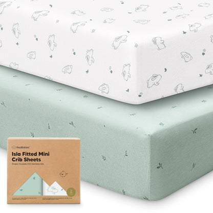 2-Pack Waterproof Pack and Play Sheets, Mini Crib Sheets Fitted for Boy, Girl - 38 x 26 Viscose from Bamboo Pack N Play Mattress Sheets for Graco, Toddler Playard Baby Crib Sheets Neutral (Blue Flax) - Colors B