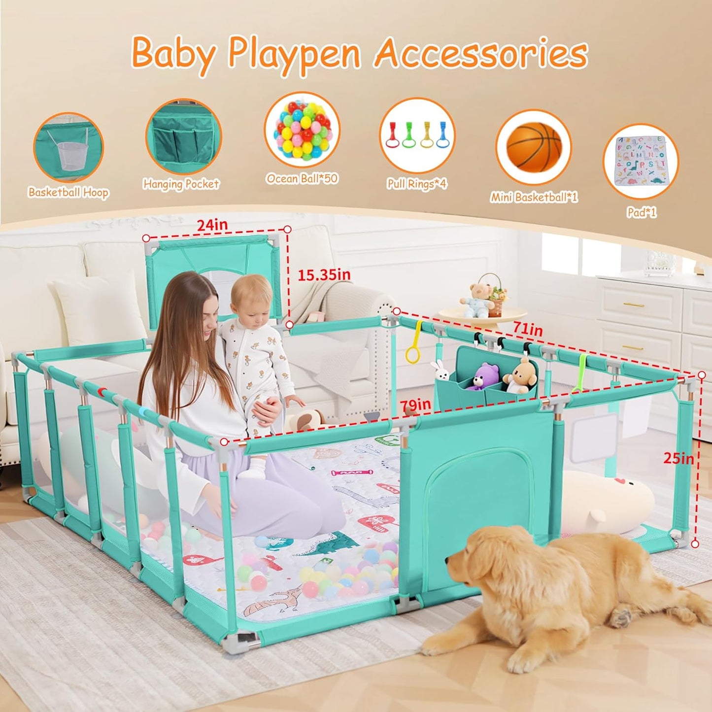 Baby playpen, 79"x71"Baby Playpen with Mat Indoor＆Outdoor Playpen for Babies and Toddlers with Breathable Play Pen with Ocean Balls Hanging Pocket Basketball Hoop (Gray)
