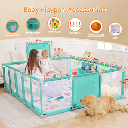 Baby playpen, 79"x71"Baby Playpen with Mat Indoor＆Outdoor Playpen for Babies and Toddlers with Breathable Play Pen with Ocean Balls Hanging Pocket Basketball Hoop (Gray)