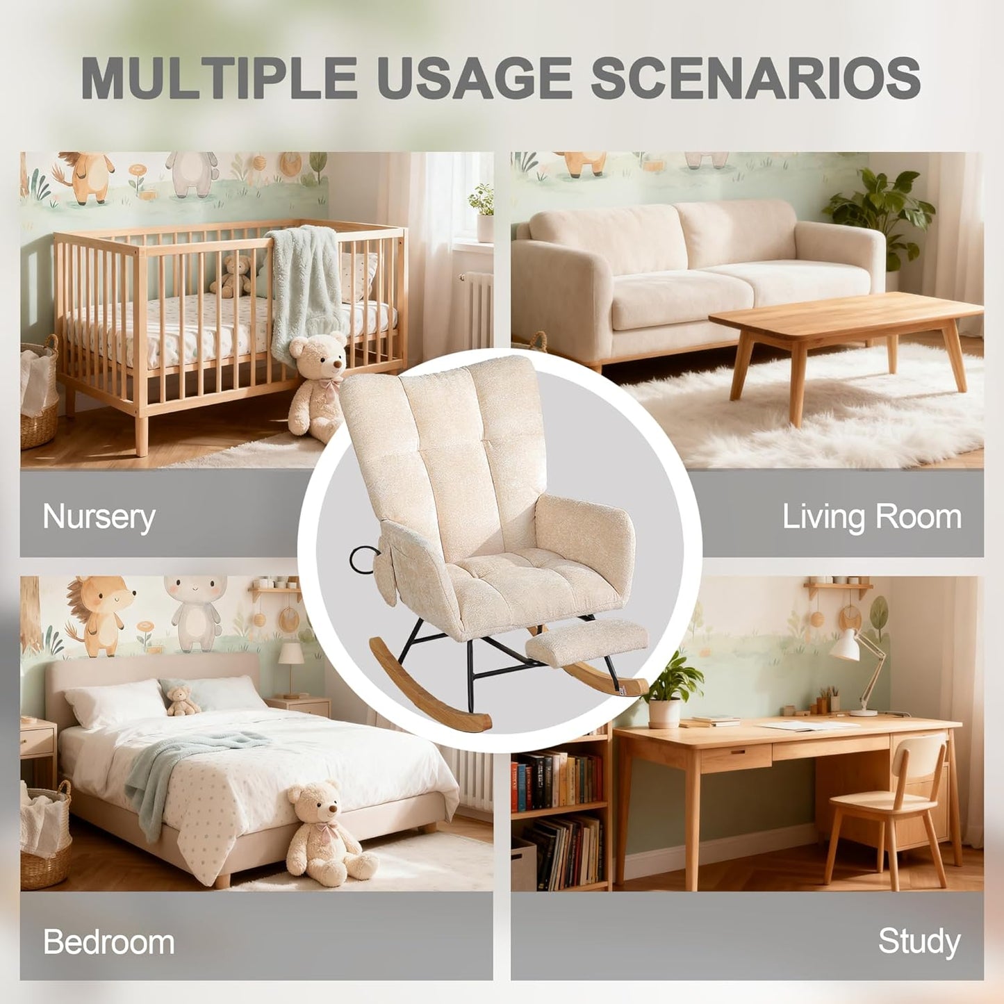 Rocking Chair Nursery with Airbag, Comfy Modern Nursery Rocking Reading Chair indoor with Footrest, Cozy Upholstered Glider Rocker Chairs for Living Room Bedroom Offices(Chenille, Dark Grey)