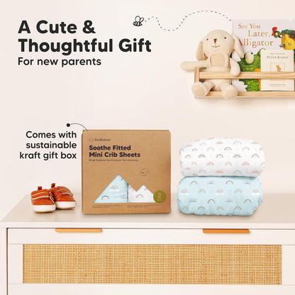 2-Pack Mini Crib Sheets Fitted - 38x26 Pack N Play Sheets for Pack and Play Mattress, Organic Cotton, Soft & Breathable Playard Bedding, Neutral Mini Toddler Bed Cover for Boys, Girls (Dragon Tale)