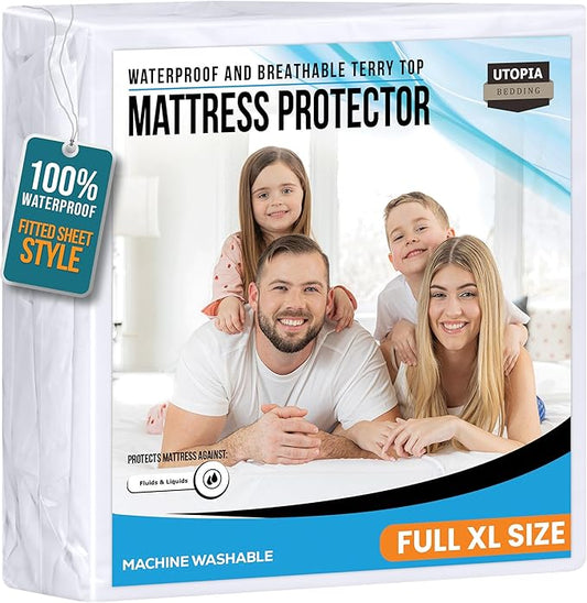 Full XL Size Mattress Protector Waterproof, Premium 200 GSM Terry Mattress Cover, Soft & Breathable Bed Cover, Fitted Sheet Style Stretchable Deep Pockets 15" by Utopia Bedding (White)