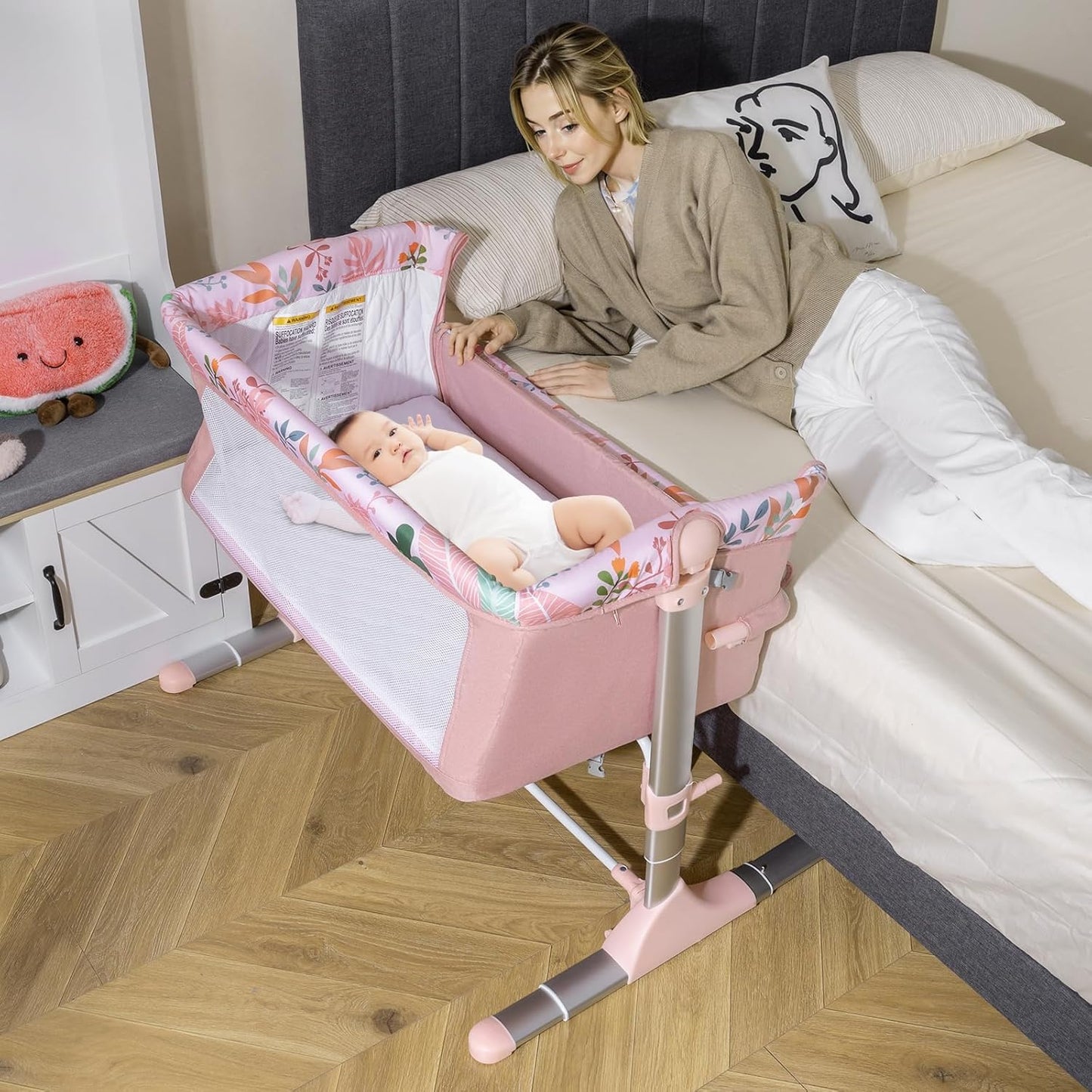 BABY JOY Baby Bedside Crib, Portable Travel Sleeper Bed Side Bassinet w/Carrying Bag, Newborn Bassinet to Infant, Kids Crib with Detachable Mattress, Height Adjustable Design, Breathable Mesh, Grey