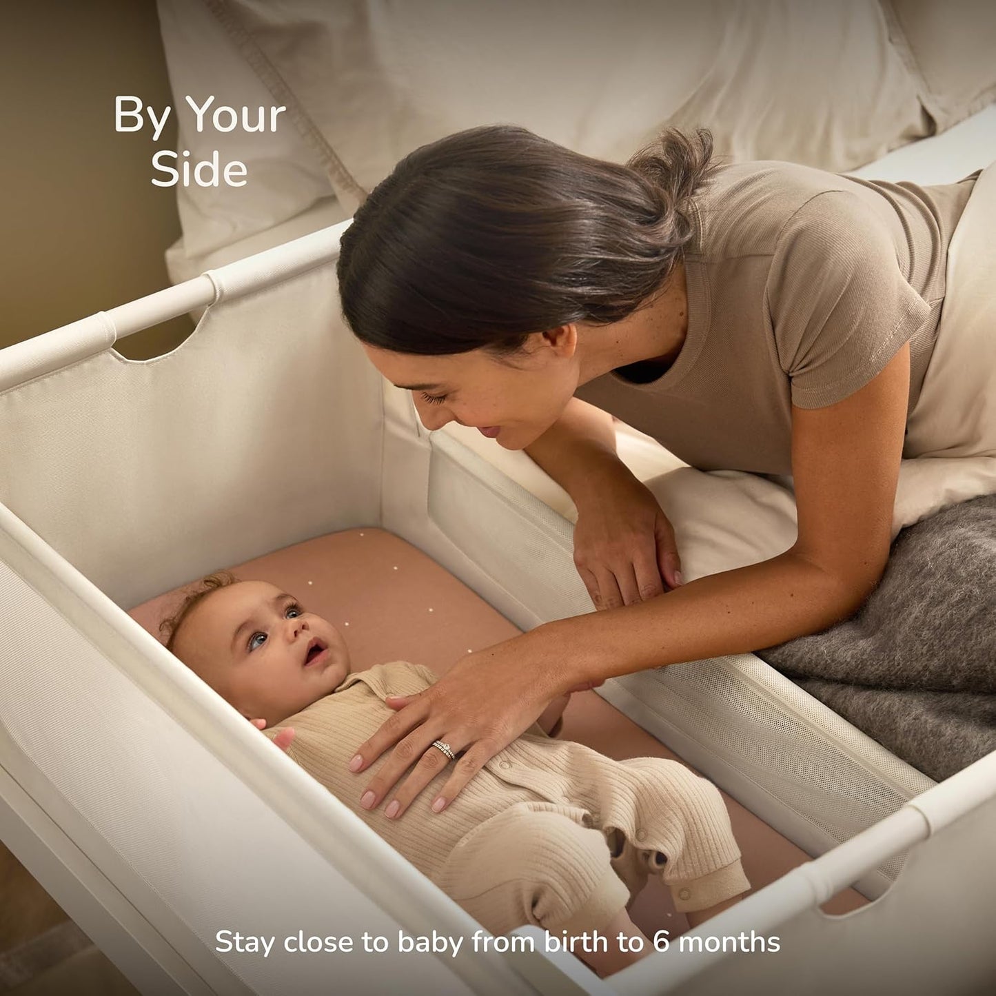 SnuzPod 5 Bedside Bassinet for Baby - Newborn Bed with Zip Down Breathable Windows, Rocking Bedside Sleeper with Lift-Off Bassinet, Portable 3-in-1 Baby Cradle with Wheels & Mattress, Natural