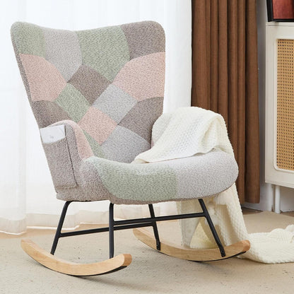 Nursery Rocking Chair Teddy Upholstered Glider Rocker Rocker Accent Chair with High Backrest Armchair Comfy Side Pocket Modern Rocking Accent Chairs for Living Room, Nursery, Office-Green