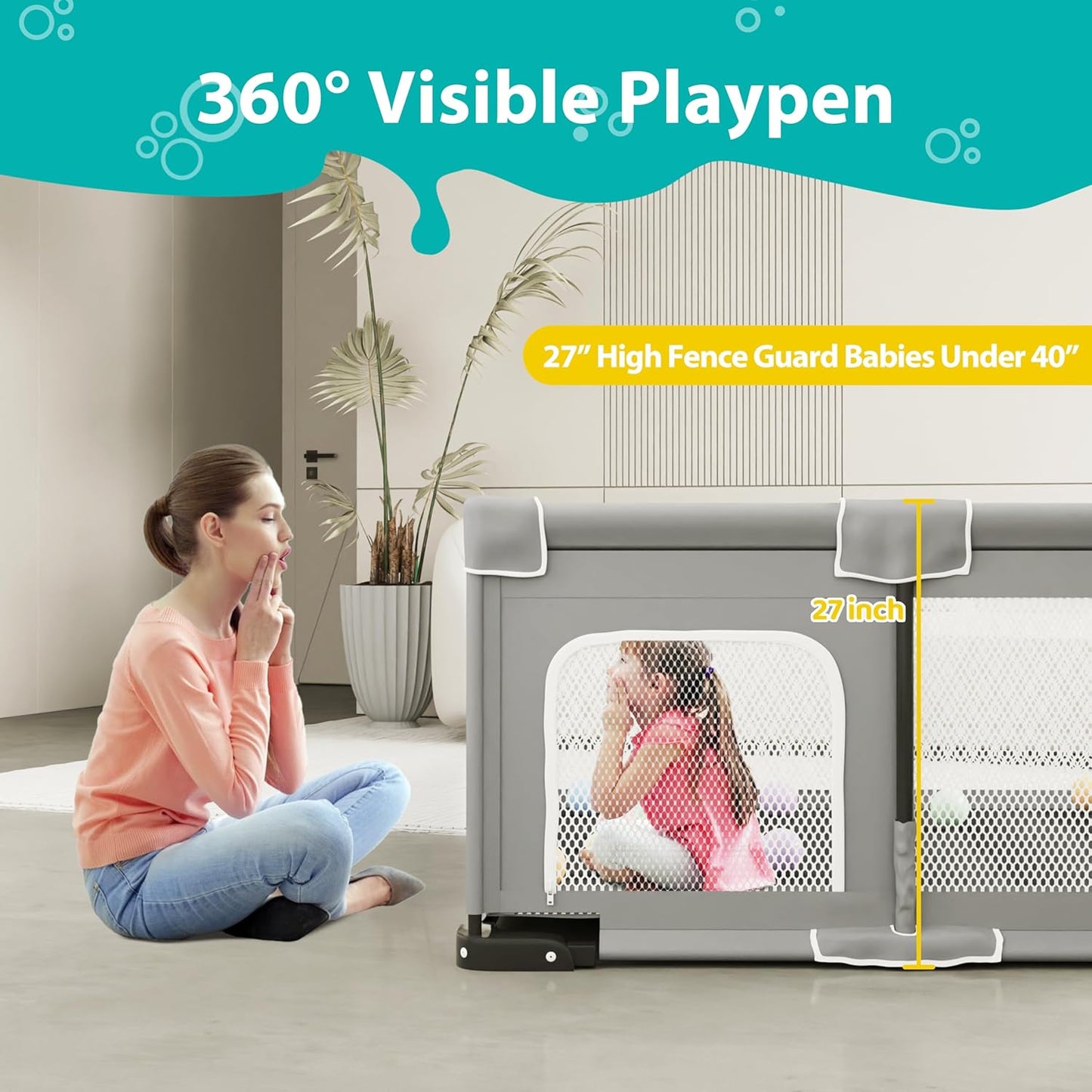 ICAREWAY Foldable Playpen for Babies and Toddlers, 50x50 Inches Portable Playpen, Kids Collapsible Play Pen with 2 Handlers, Indoor & Outdoor Baby Fence Play Area with Visible Mesh, Dark Gray
