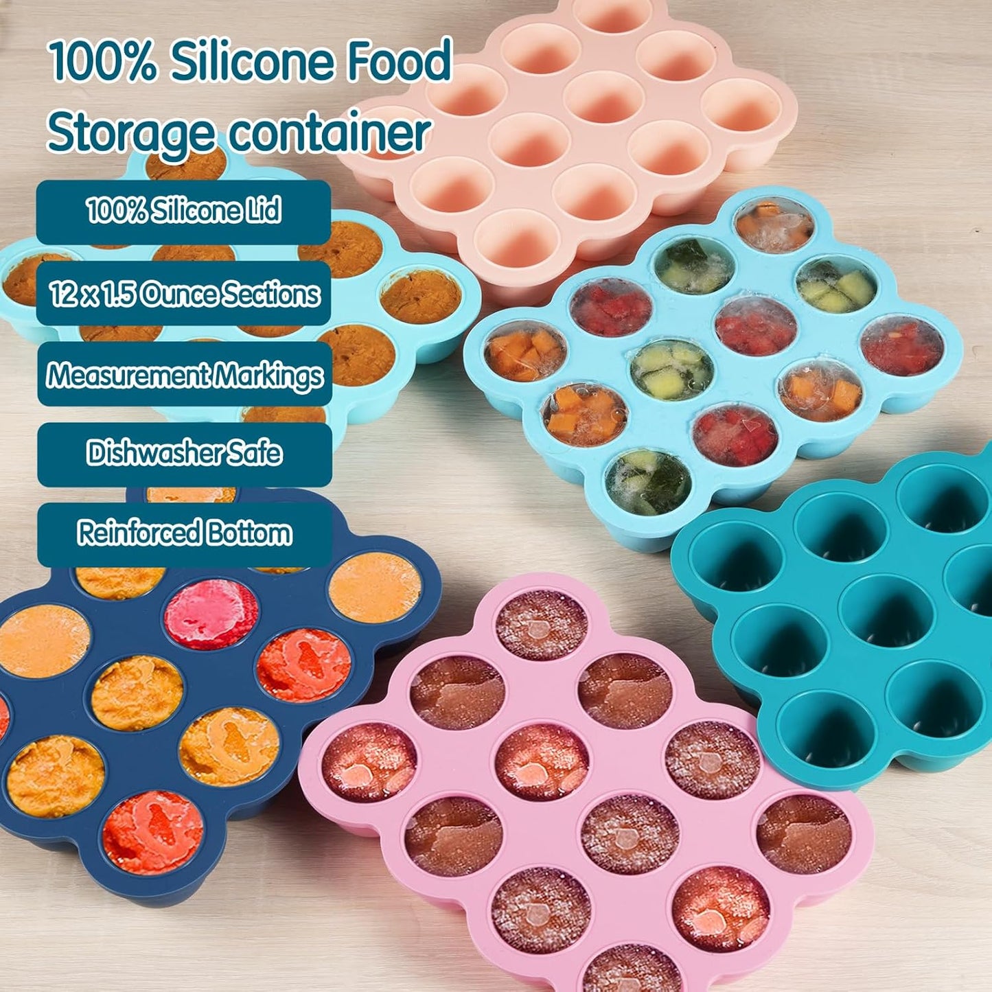 12x1.5oz Baby Food Storage Containers, Baby Food Freezer Tray with Clip Lid Gossamer Pink, Food Grade Silicone Freezer Trays for Purees & Vegetables