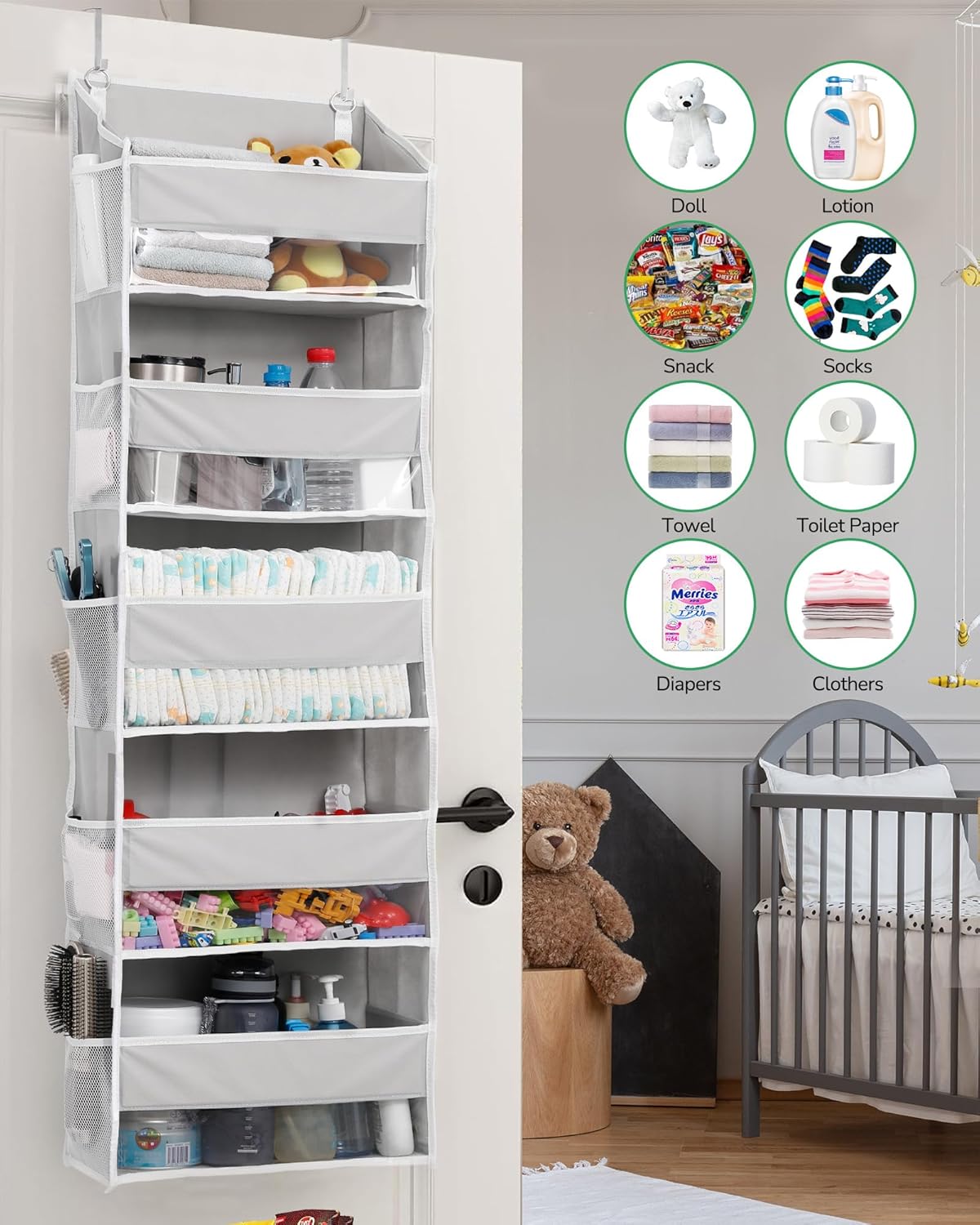 ULG 1 Pack Over Door Organizer with 5 Large and 10 Mesh Side Pockets, 44 lbs Weight Capacity Hanging Storage with Clear Window Kids Toys, Shoes, Diapers, Dark Grey, 5 Layers