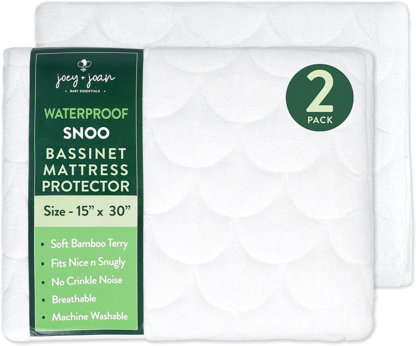 Joey + Joan Waterproof Bassinet Mattress Pad Cover 19" x 32" for Cowiewie Bedside Sleeper Bassinet Sheets – Made from Ultra Soft Bamboo Viscose Terry – 2 Pack
