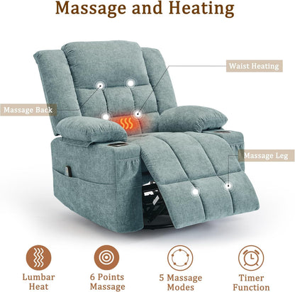 Korser 360° Swivel Rocker Recliner for Adults, Nursery Glider Recliner with Massage and Heating, Rocking Chair with Cup Holder, Manual Recliner Chair for Living Room, Bedroom (Fabric, Beige)