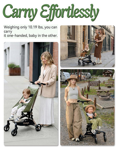 Oneye Travel Stroller for Airplane, Ultra Lightweight Baby Stroller for Toddlers with Canopy, Foldable & Compact Strollers with Jumbo Seat & Large Storage Basket,10.19lb,Stable & One-Hand Fold, Green