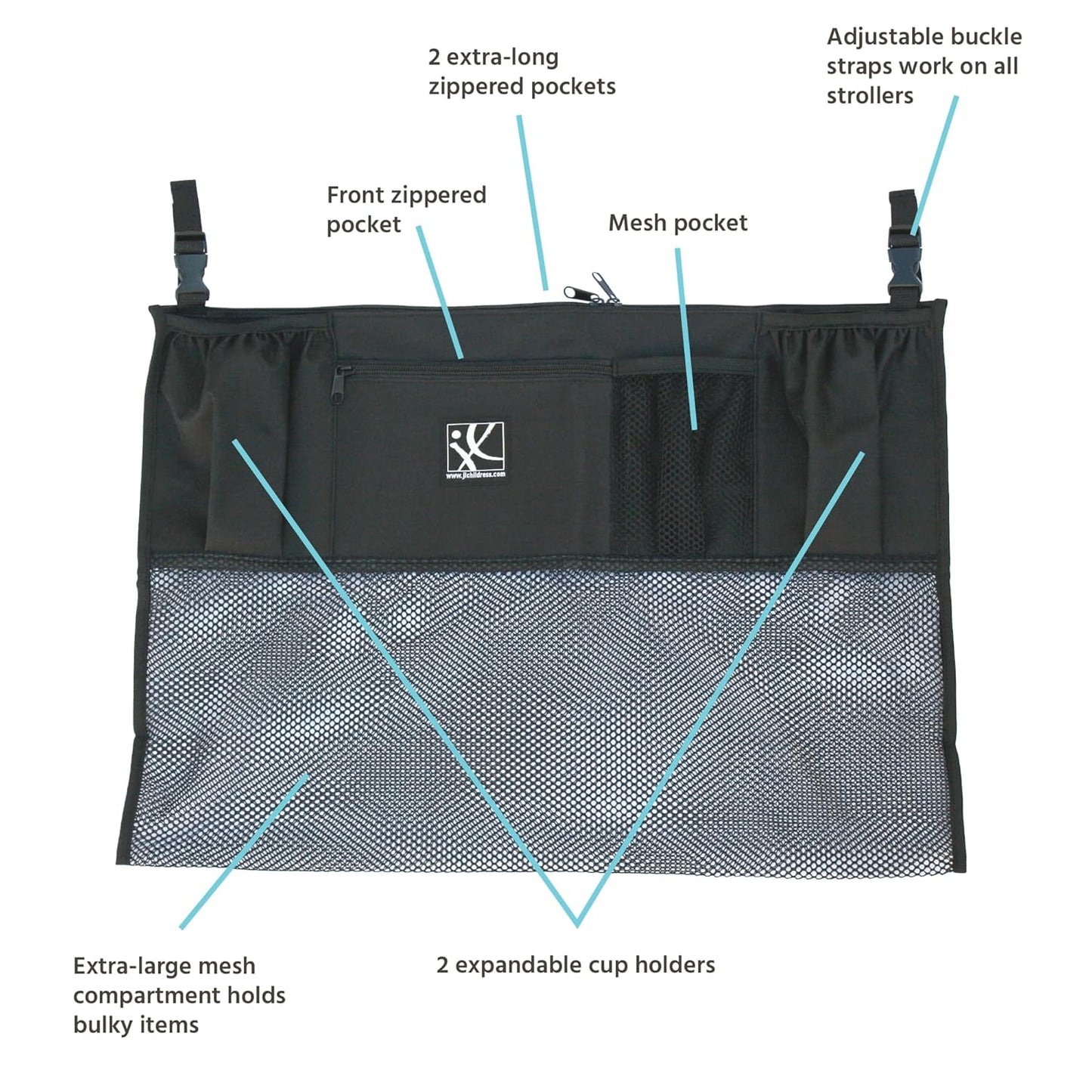 J.L. Childress Double Stroller Organizer with Large Mesh Storage Compartment - Stroller Accessory with Extra-Large Storage Bag - Deep Cup Holders - Multiple Zippered Pockets - Black