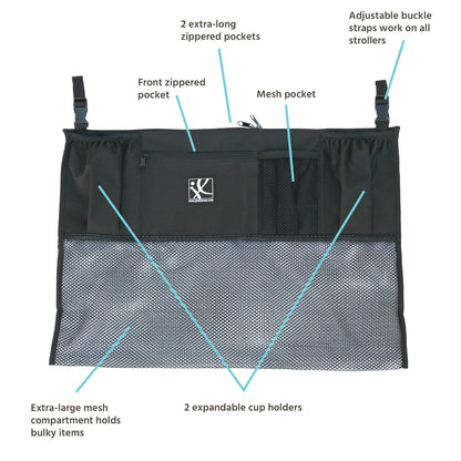 J.L. Childress Double Stroller Organizer with Large Mesh Storage Compartment - Stroller Accessory with Extra-Large Storage Bag - Deep Cup Holders - Multiple Zippered Pockets - Black