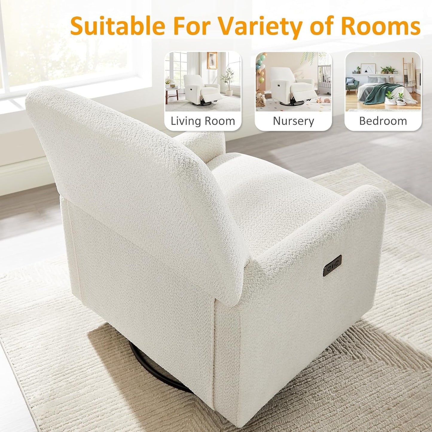 VANOMi Power Swivel Glider Recliner Chair, Electric Nursery Rocker Recliner Chair, USB & Type-C Charger, Boucle White