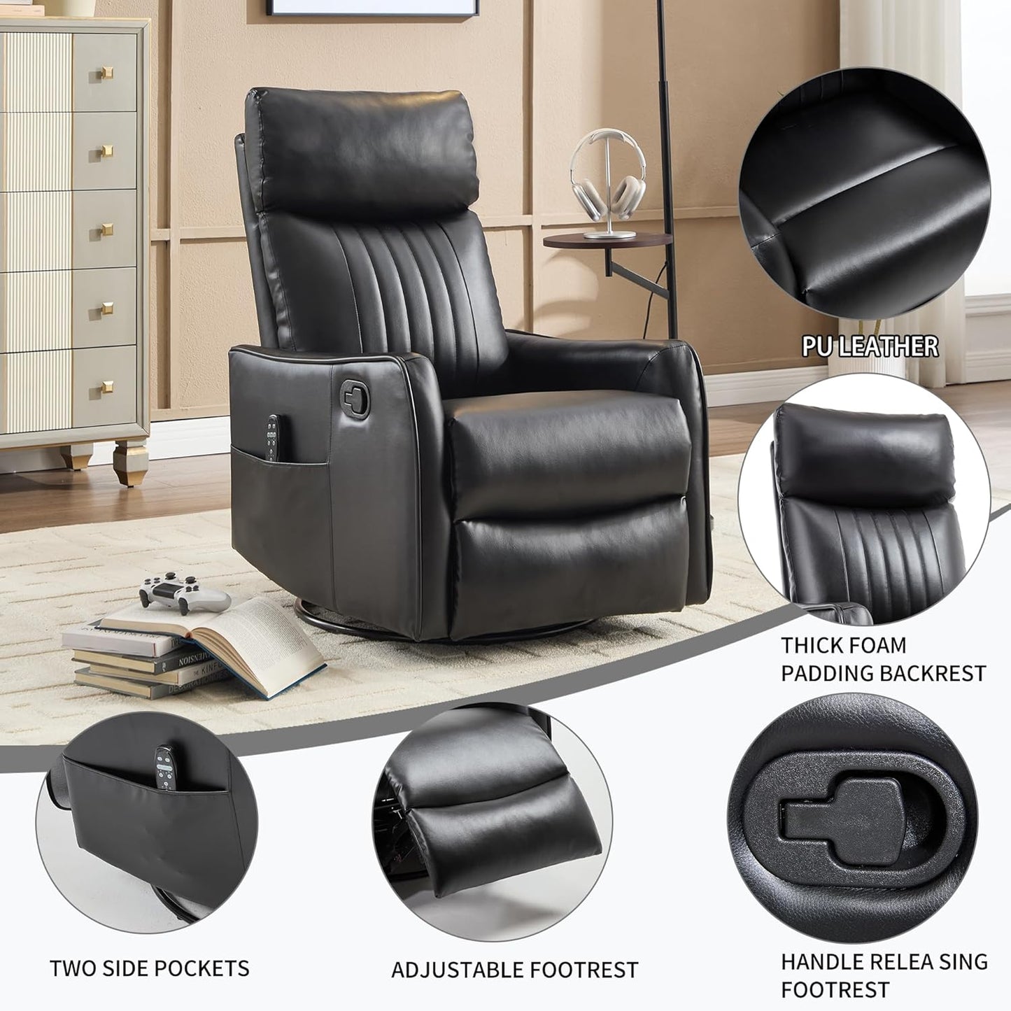Swivel Rocker Recliner Chair for Adults, Nursery Rocking Chair with Heat and Massage, Glider Reclining Chair for Small Space Living Room Bedroom, Faux Leather Black
