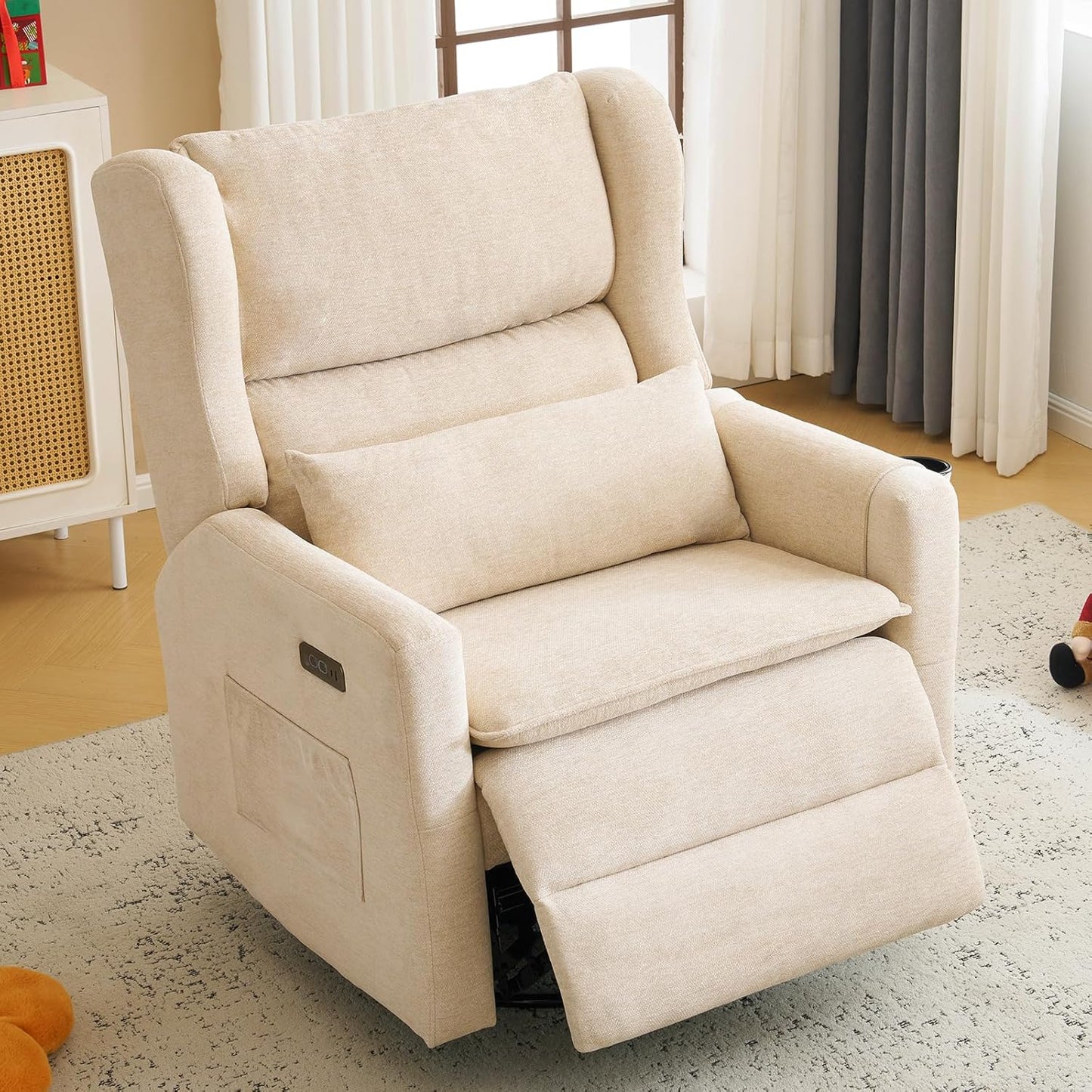 Large Glider Rocker Recliner,Rocking Chair Nursery with Adjustable Headrest,Swivel Rocker Recliner with Lumbar Support,Manual Nursery Rocker Recliner for Living Room& Bedroom,Chenille White