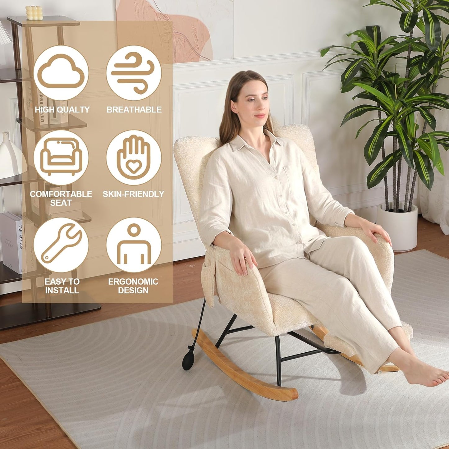 Rocking Chair Nursery with Airbag, Comfy Modern Nursery Rocking Reading Chair indoor with Footrest, Cozy Upholstered Glider Rocker Chairs for Living Room Bedroom Offices(Chenille, Dark Grey)