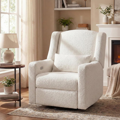 Power Glider Recliner Nursery Chair w/USB Ports, Soft Chenille Glider Rocking Chair with Ottoman, Swivel Glider Chair with Lumbar Pillow for for Nursery, Blue