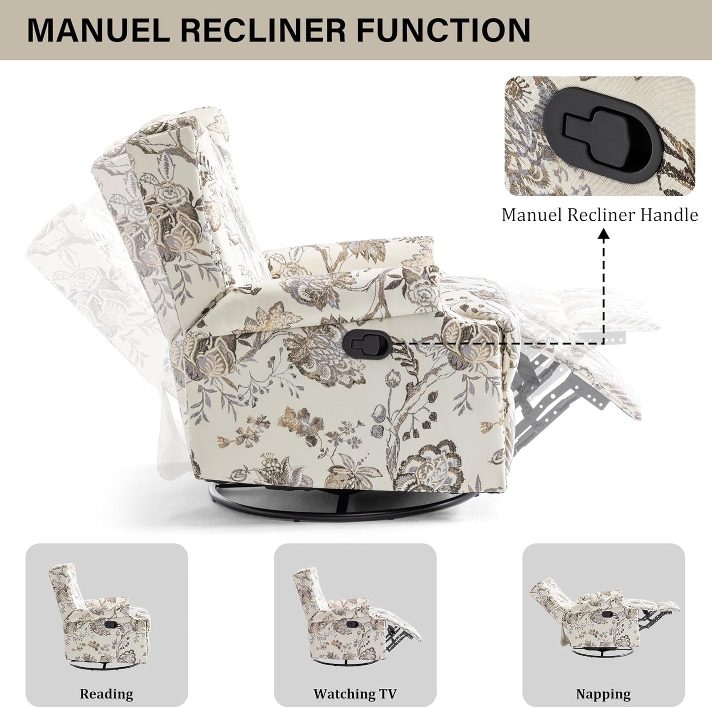 Swivel Rocker Recliner Chair, Manual Nursery Glider Recliner, Floral Fabric Wingback Accent Chair with Adjustable Backrest & Footrest for Small Spaces Living Room Bedroom (Plants Floral, Set of 1)