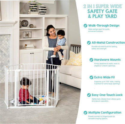 Regalo Safety 192" Super Wide Baby Gate & Play Yard, 2-in-1 Convertible Extra Wide Safety Barrier, Hardware Mounted for Toddlers & Pets, Tested & Safe for 30 Years, American Designed & Owned, White