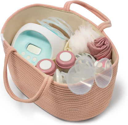 Natemia Diaper Caddy Organizer - Portable Rope Handles & 3 Compartments for Baby Items - Storage Basket for Newborn Essentials - Fits Spectra Breast Pump & Accessories - Registry Must Have (Beige)