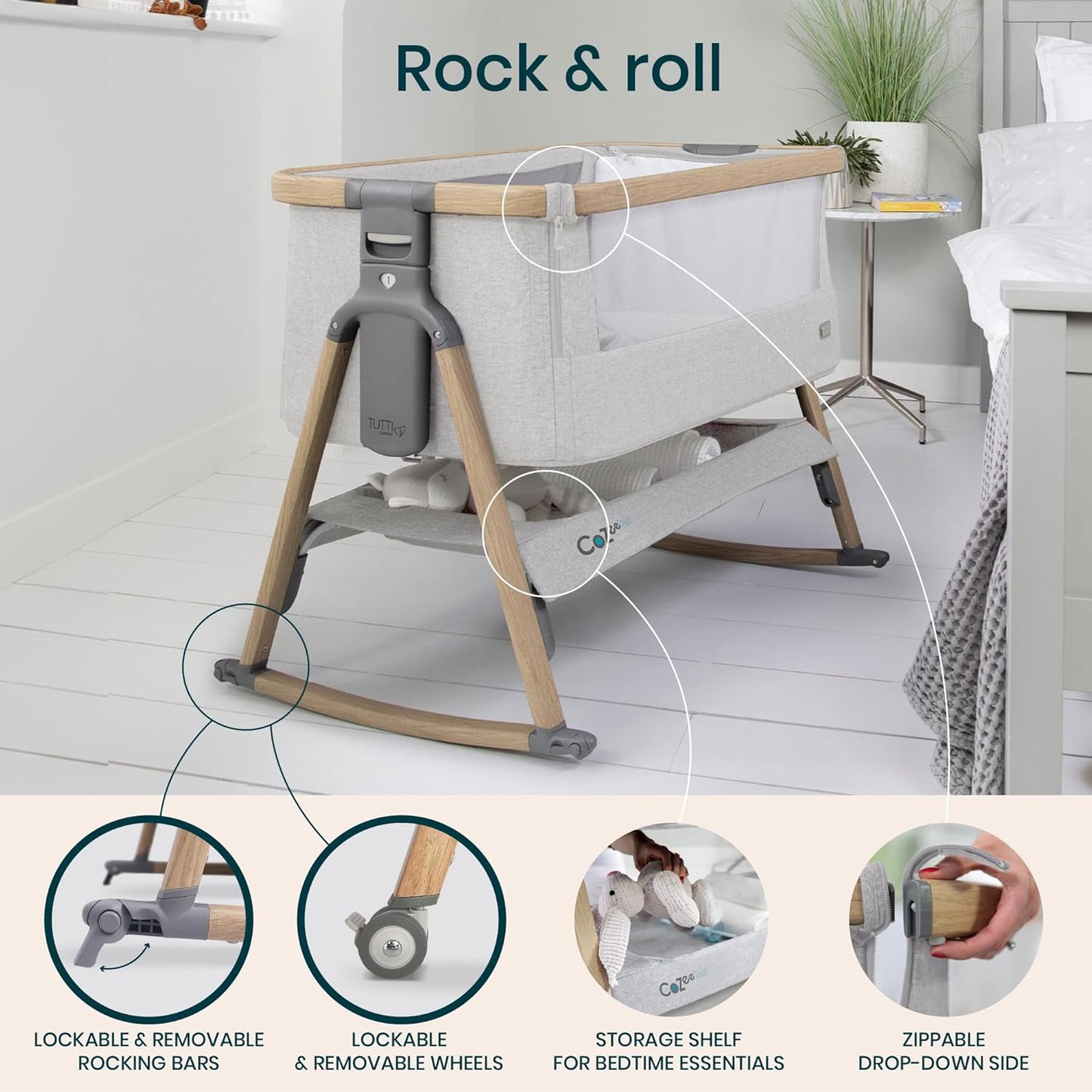 Tutti Bambini CoZee® 2-in-1 Baby Bassinet & Bedside Sleeper - Fast-Folding Bedside Bassinet, Baby Crib with 6 Mattress Heights & Breathable Mesh Window, Mattress Included, 0-6 Months (Oak & Charcoal)