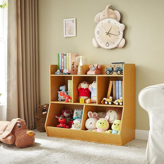 Kovhzcu Toy Storage Organizer with Bookshelf, 5-Cubby Children's Toy Shelf, Toy Storage Cabinet for Children's Room, Playroom, Hallway, Kindergarten, School (Natural)