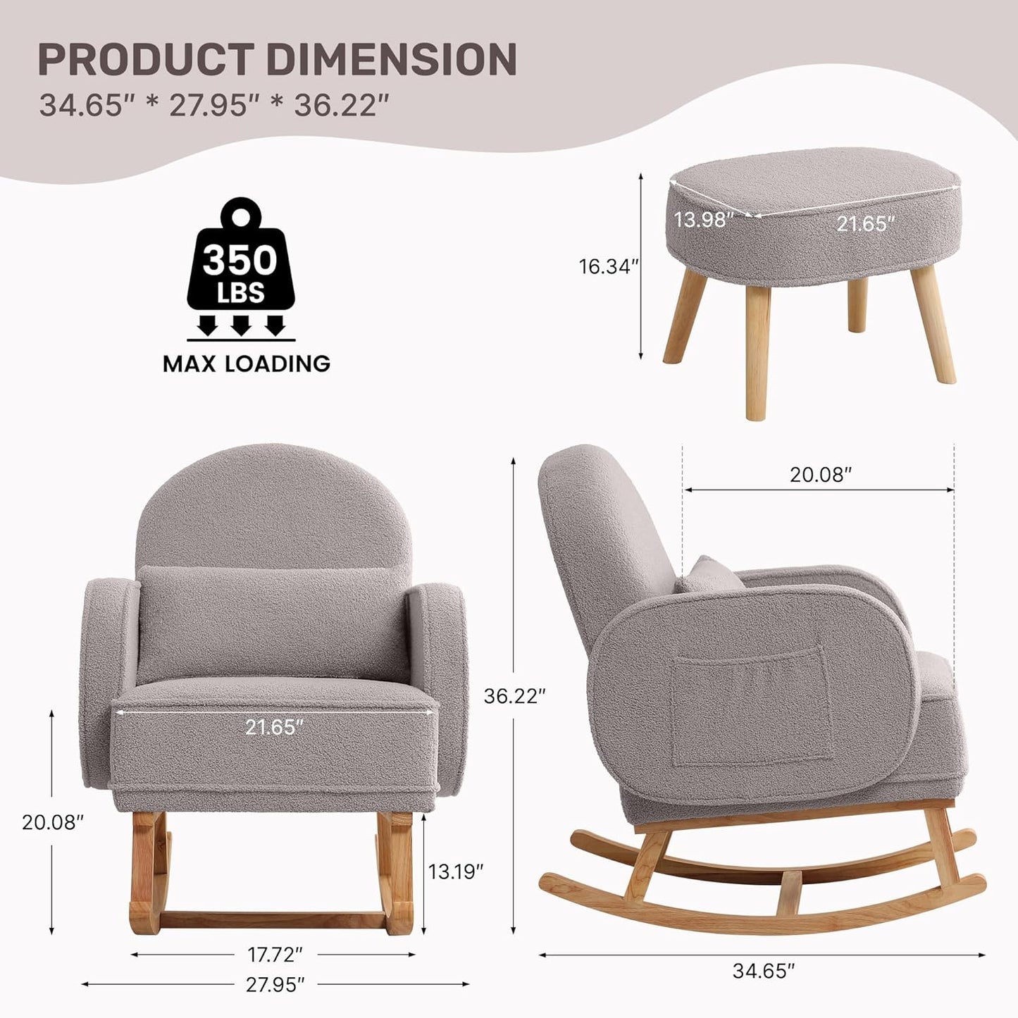 HCHAIRH Nursery Rocking Chair with Ottoman, Upholstered Glider Rocker with High Backrest Side Pocket, Rocking Accent Armchair with Solid Wood Legs for Nursery, Living Room, Bedroom, Light Grey