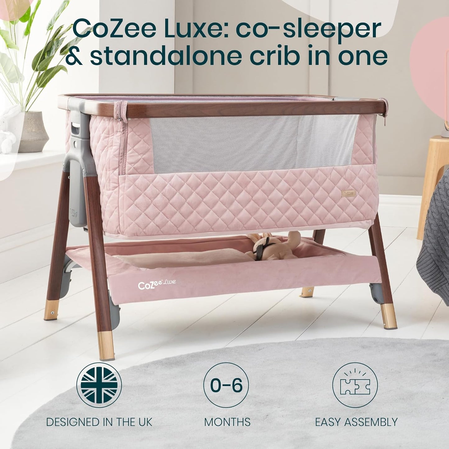 Tutti Bambini CoZee® 2-in-1 Baby Bassinet & Bedside Sleeper - Fast-Folding Bedside Bassinet, Baby Crib with 6 Mattress Heights & Breathable Mesh Window, Mattress Included, 0-6 Months (Oak & Charcoal)