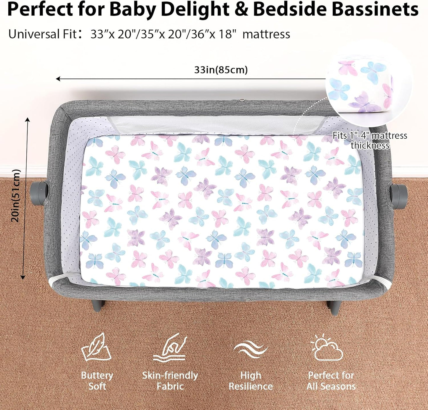 Baby Bedside Bassinet Sheets Girl, 33”x20” Compatible with Baby Delight Dream On Me & Most Rectangle Bedside Sleeper Bassinet Mattress, Super Soft Microfiber Pink Butterfly Flower