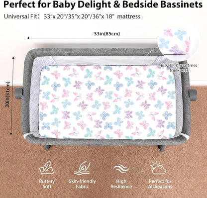 Baby Bedside Bassinet Sheets Girl, 33”x20” Compatible with Baby Delight Dream On Me & Most Rectangle Bedside Sleeper Bassinet Mattress, Super Soft Microfiber Pink Butterfly Flower