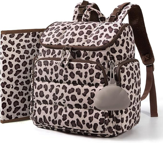 mommore Diaper Bag Backpack, Baby Bag with Waterproof Changing Pad and Stroller Straps for Toddler, Diaper Backpack for Mom Dads with Insulated Pockets & Pacifier Case, Travel Essential, Leopard