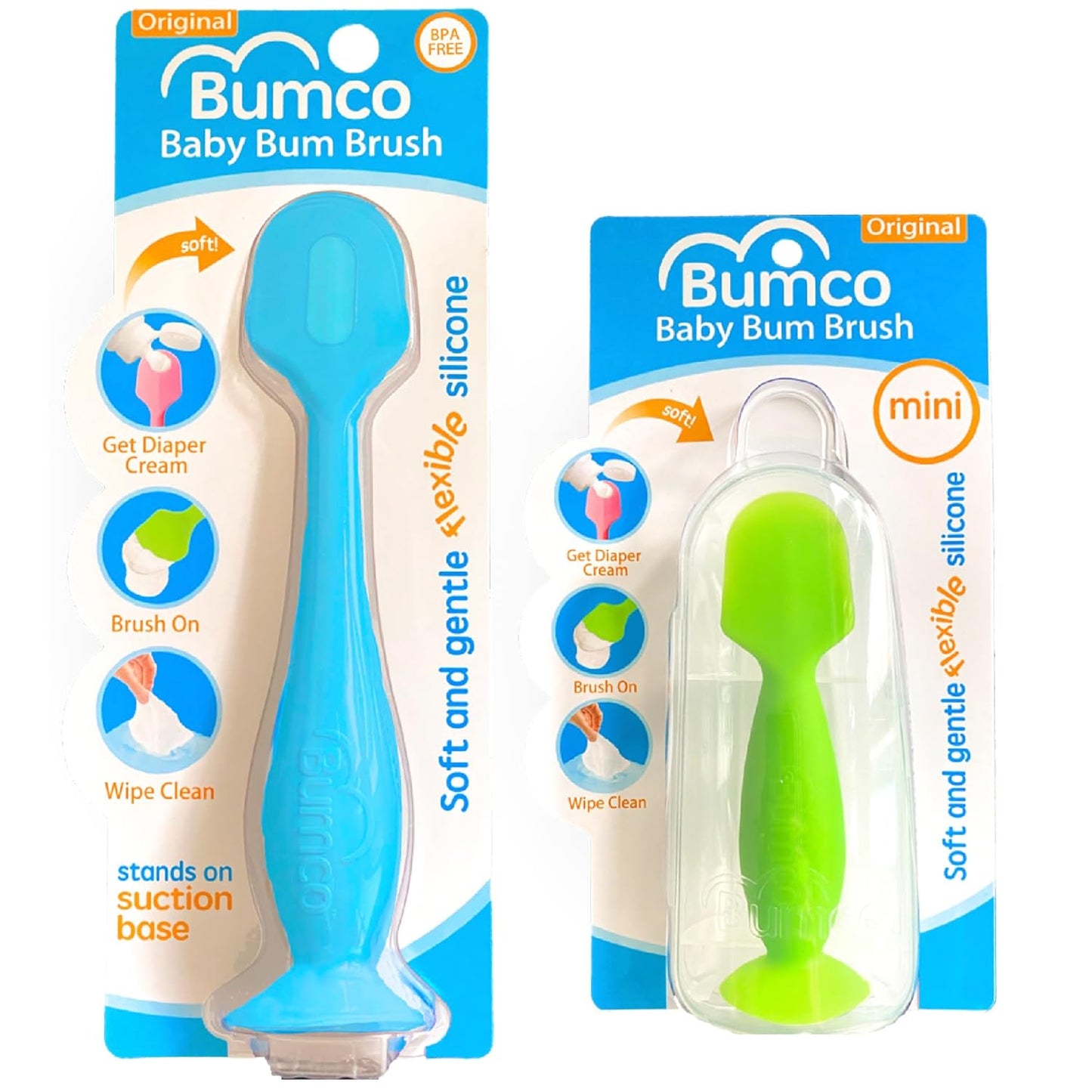 Bumco Mini Baby Diaper Cream Spatula with Case - BPA-Free Silicone Diaper Spatula with Suction Cup, Wipe-Clean Baby Bum Brush, Mom-Invented Butt Paste Applicator (Blue)