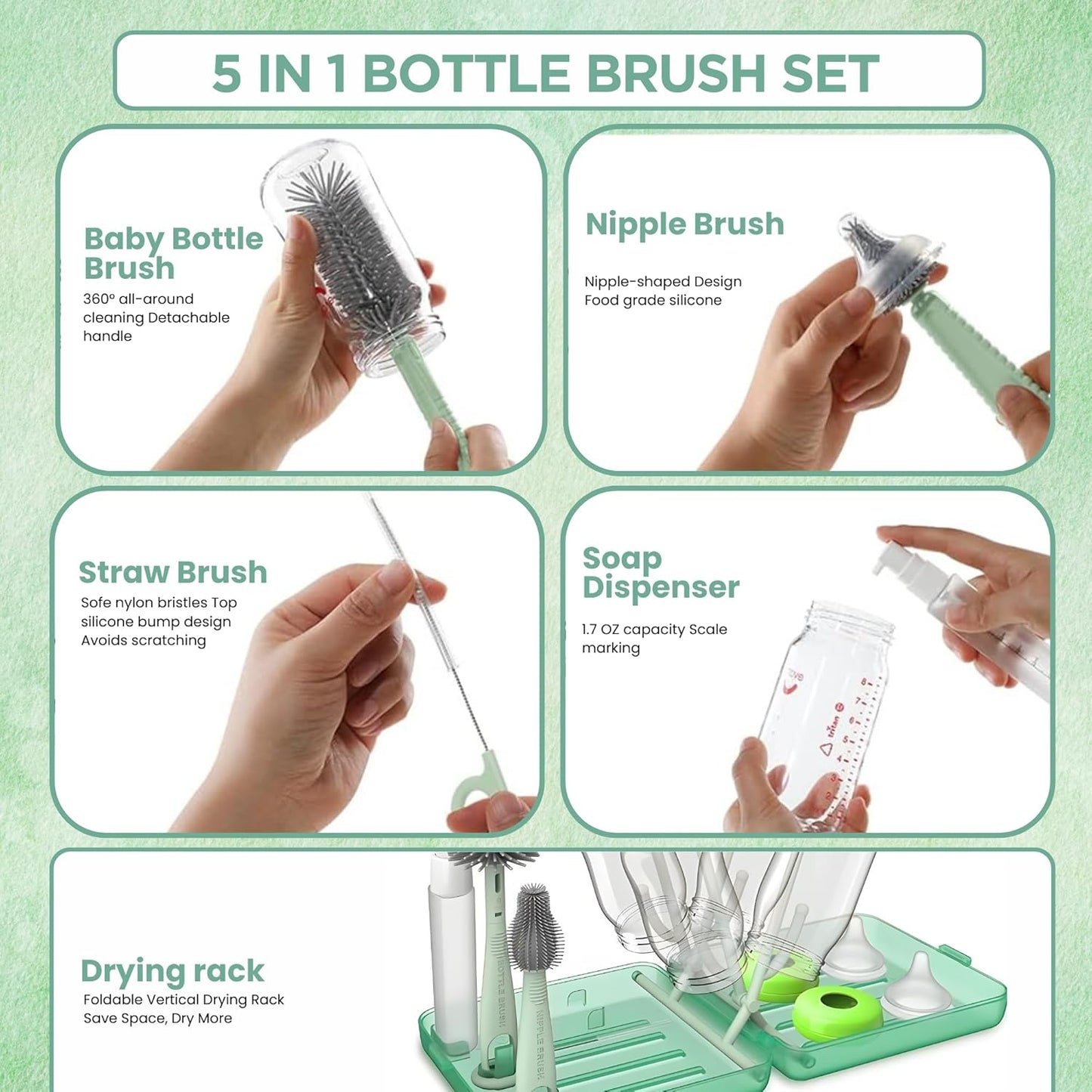 Bottle Cleaning Kit – BPA Free Brush Set, 6 in 1 Travel Bottle Cleaner Kit with Silicone Brushes for Bottle, Breast Pump, Straw, Nipple - Portable Bottle Washing Kit