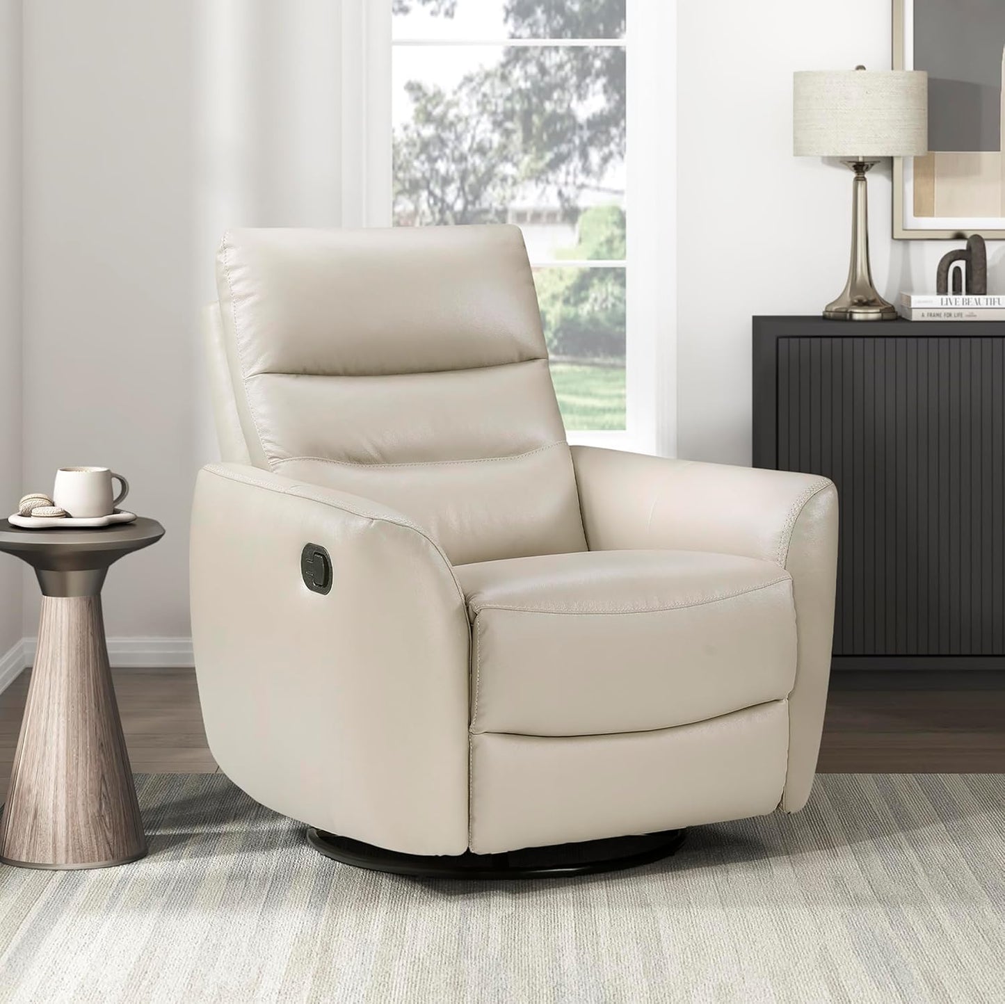 Lexicon 360 Degree Swivel Glider Reclining Chair, Manual Tab Pull Recliner, Leather Match Swivel Glider Recliner with Plush Foam, Sturdy Frame for Living Room/Office/Bedroom, Taupe