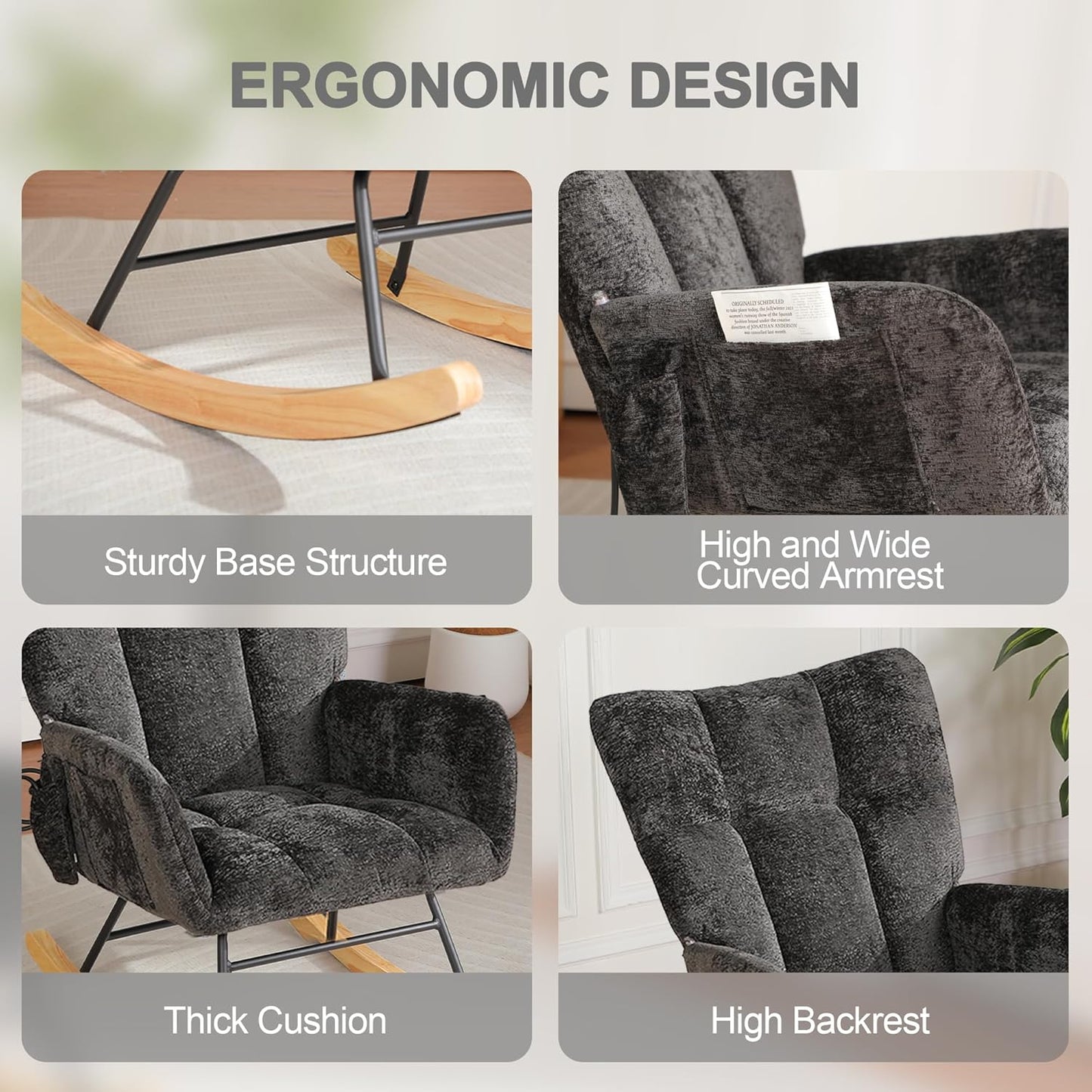 Rocking Chair Nursery with Airbag, Comfy Modern Nursery Rocking Reading Chair indoor with Footrest, Cozy Upholstered Glider Rocker Chairs for Living Room Bedroom Offices(Chenille, Dark Grey)