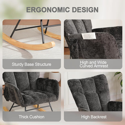 Rocking Chair Nursery with Airbag, Comfy Modern Nursery Rocking Reading Chair indoor with Footrest, Cozy Upholstered Glider Rocker Chairs for Living Room Bedroom Offices(Chenille, Dark Grey)