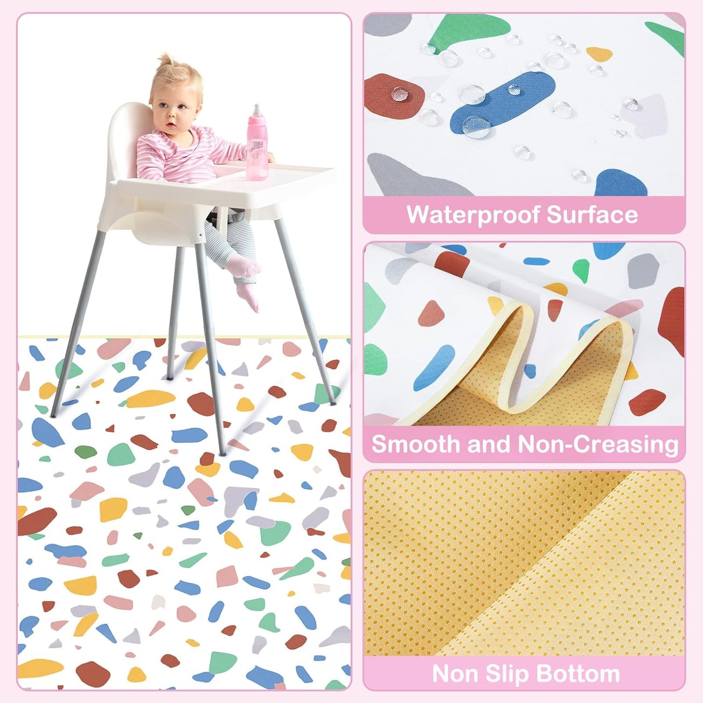Basumee Splat Mat High Chair Mat Waterproof Baby Play Splat Mat for Under High Chair Food Catcher Highchair Mat for Floor Non Slip Bottom, Pink Rainbow, 46x42 Inches