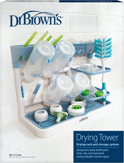 Dr. Brown's Baby Bottle Drying Tower, Stand-Up Countertop Drying Rack with Organized Storage for Baby Essentials, Space Saving Vertical Rack, Gray/White