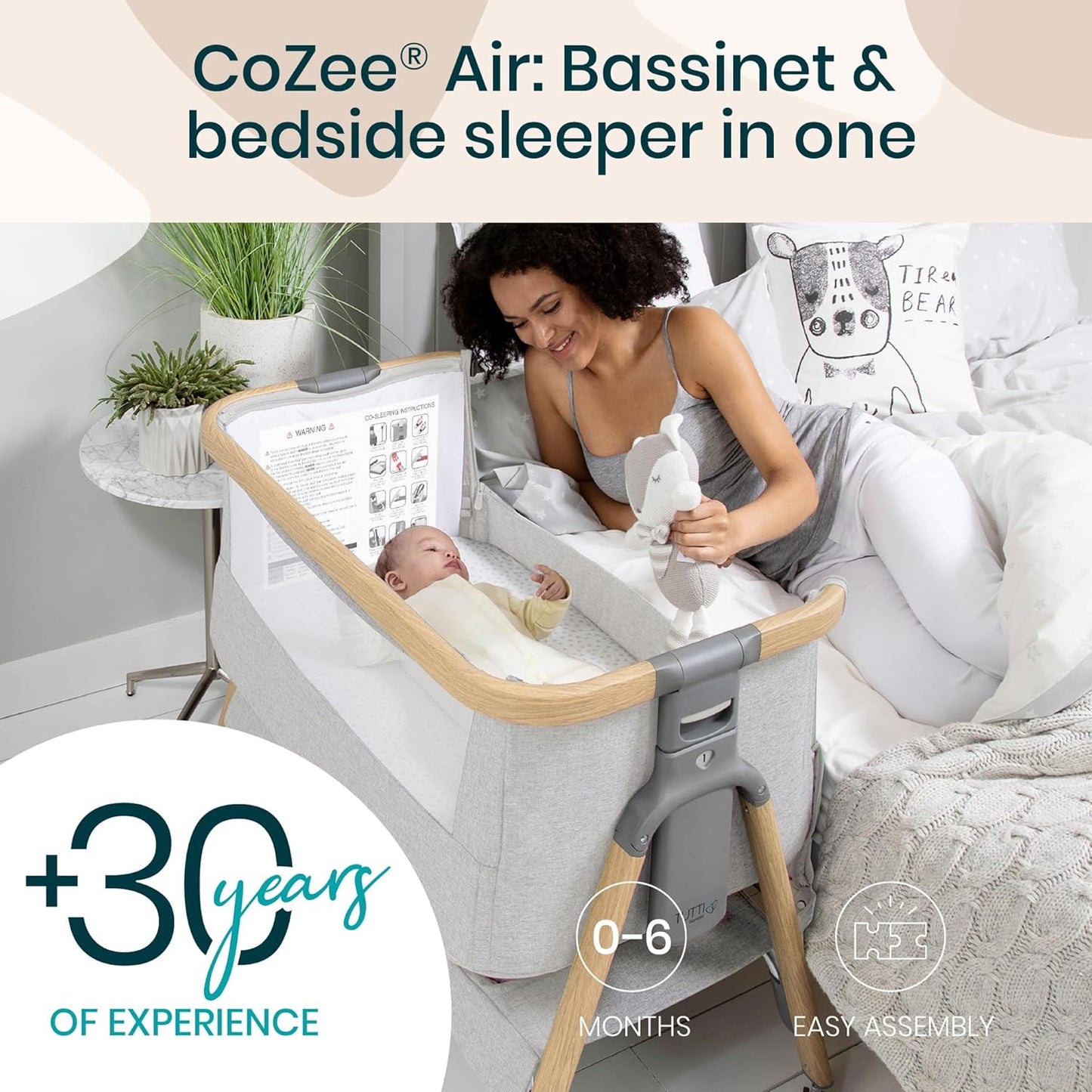 Tutti Bambini CoZee® 2-in-1 Baby Bassinet & Bedside Sleeper - Fast-Folding Bedside Bassinet, Baby Crib with 6 Mattress Heights & Breathable Mesh Window, Mattress Included, 0-6 Months (Oak & Charcoal)