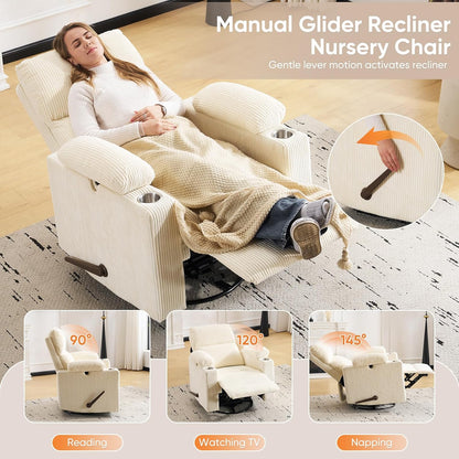 Rocking Chair Nursery with Adjustable Armrests, Electric Glider Recliner Nursing Chair for Breastfeeding, Power Swivel Recliner Chairs with Massage and Heat, Adjustable Headrest , FSC Certified, White