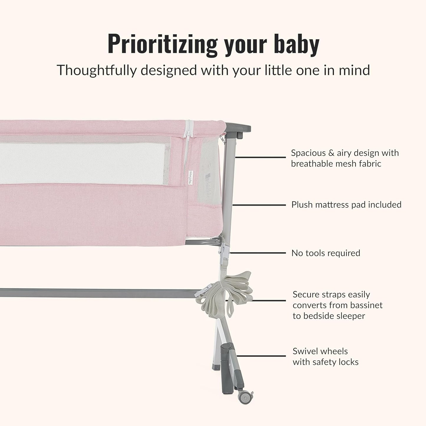 Dream On Me Skylar Bassinet and Bedside Sleeper, Adjustable Heights, Breathable Mesh Sides, Plush Mattress Pad, Wheels with Safety Locks & Tool-Free Assembly, Compact Fold & Travel Bag - Pink