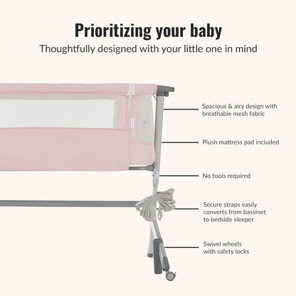 Dream On Me Skylar Bassinet and Bedside Sleeper, Adjustable Heights, Breathable Mesh Sides, Plush Mattress Pad, Wheels with Safety Locks & Tool-Free Assembly, Compact Fold & Travel Bag - Pink