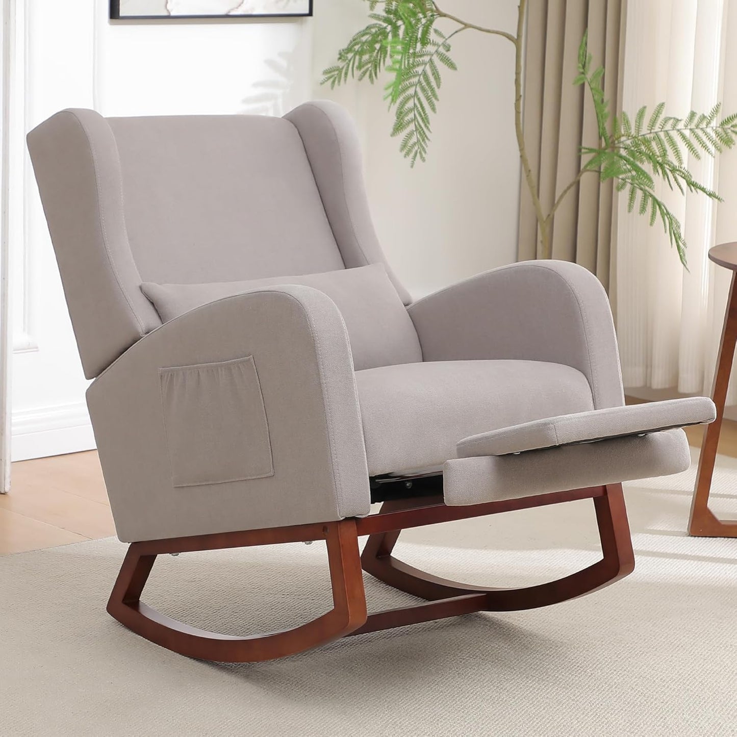 HCHAIRH Rocking Chair Nursery, Nursery Rocking Chairs with Foot Rest, Comfy Fabric Glider Rocker Nursing Chair with High Back for Nursing, Living Room, Bedroom, Beige
