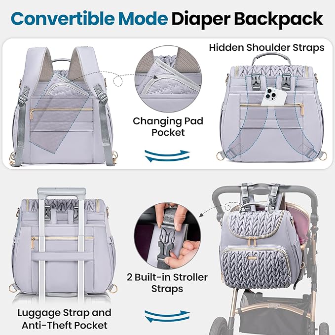 Tealari 4 in 1 Convertible Diaper Bag Backpack,Waterproof Baby Diaper Bag with Changing Pad,Converts into Baby Tote Bag,Diaper Backpack,Stroller Bag and Crossbody Diaper Bag