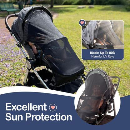 Stroller Sun Shade Extender – Universal Clip-On Baby Stroller Sun Shade Cover, UV Protection, Breathable See-Through Mesh, Adjustable Fit, Large Black