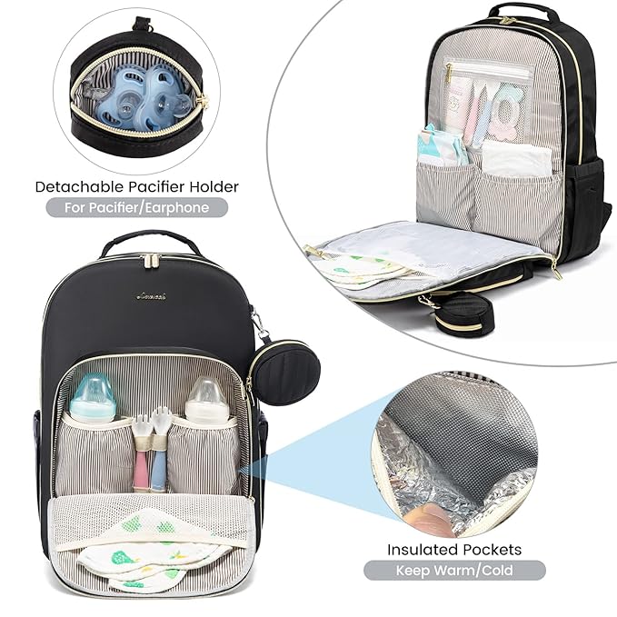 LOVEVOOK Diaper Bag Backpack with 2 Cubes, Quilted Baby Bag with Changing Pad & Pacifier Holder, Waterproof Travel Diaper Bags for Baby Boys Girls, Stylish and Large Capacity,5PCS Set, Black