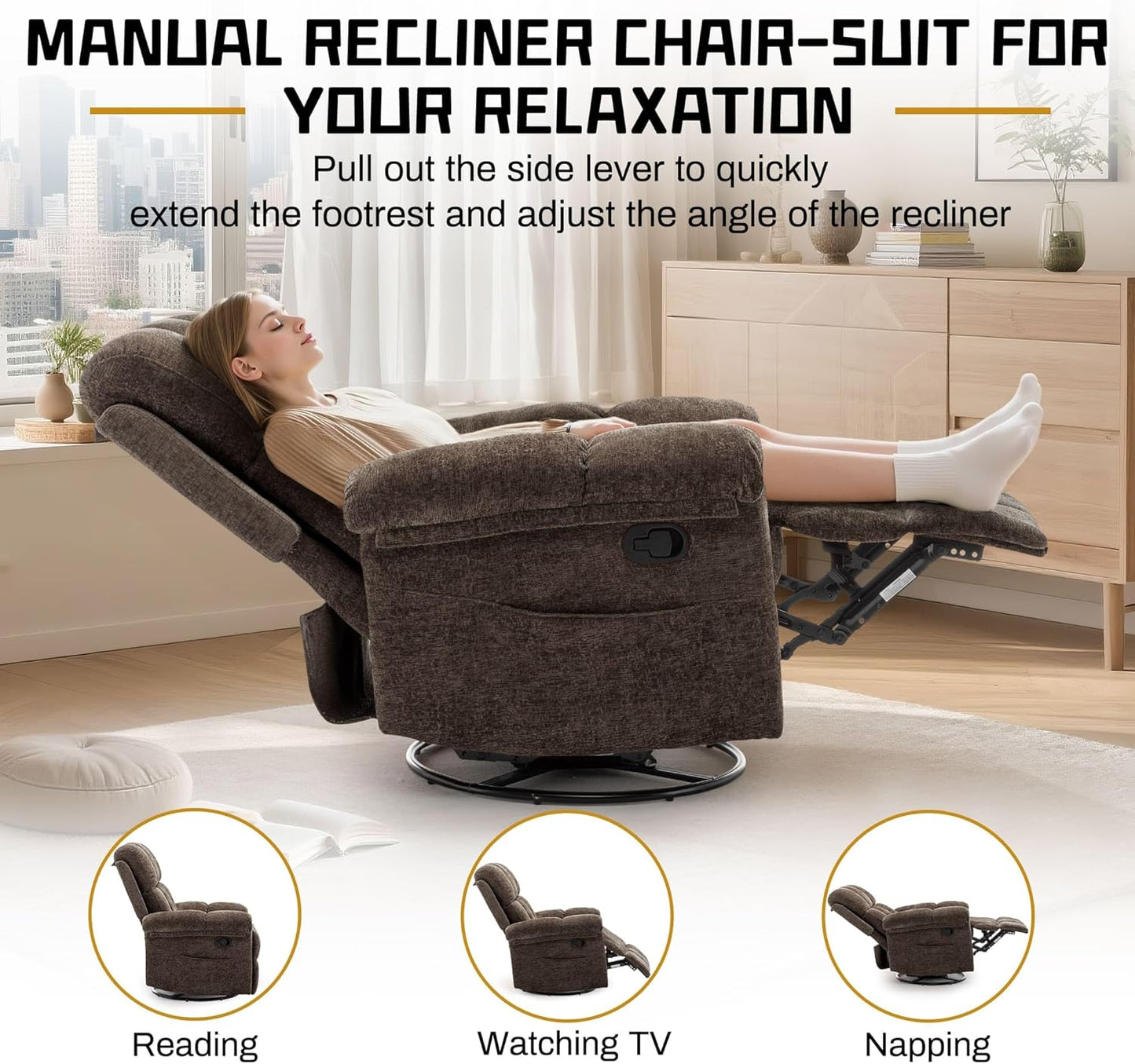 Korser Recliner Chair, Swivel Rocker Recliner Chair for Adults, Small Recliners for Small Spaces, Upholstered Manual Recliner with Side Pockets, Nursery Rocking Chair for Living Room, Chenille, Beige