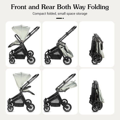 Lightweight High-View Baby Stroller, One-Hand Fold & Compact Storage, Convertible Seat, 5-Point Safety Harness, Foldable Infant Stroller, Grey
